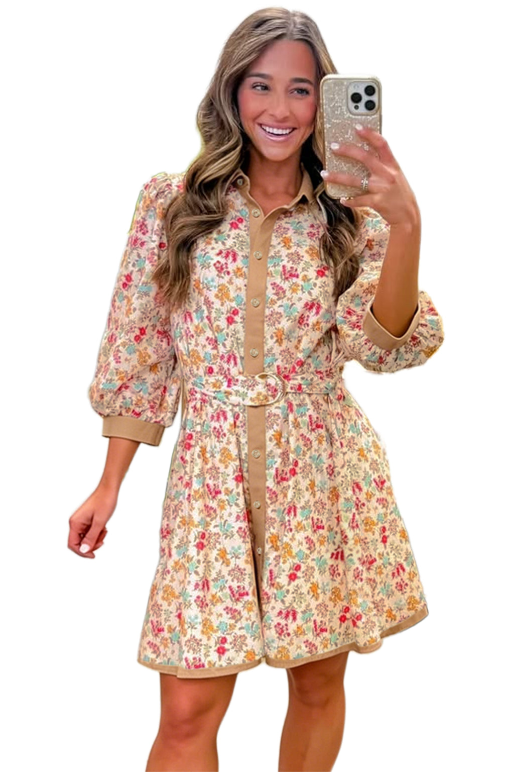 Orange Floral Print Color Block Trim Button Down 3/4 Sleeve Belted Mini Dress