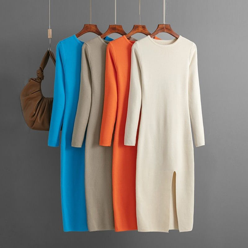 Vestido de cuello redondo sin espalda de punto de manga larga de otoño e invierno