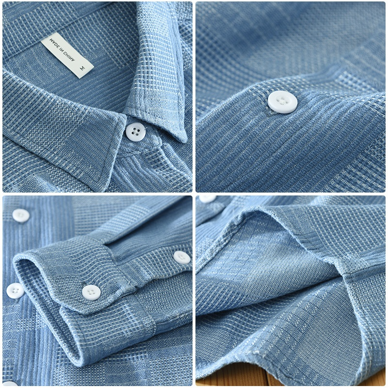 Camisa de vestir informal de manga larga de mezclilla con combinación de colores de jacquard para hombre