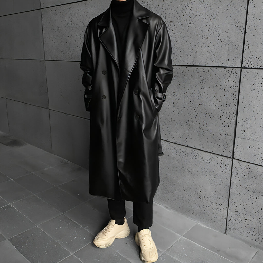 Gabardina de cuero cruzada de largo medio para hombre