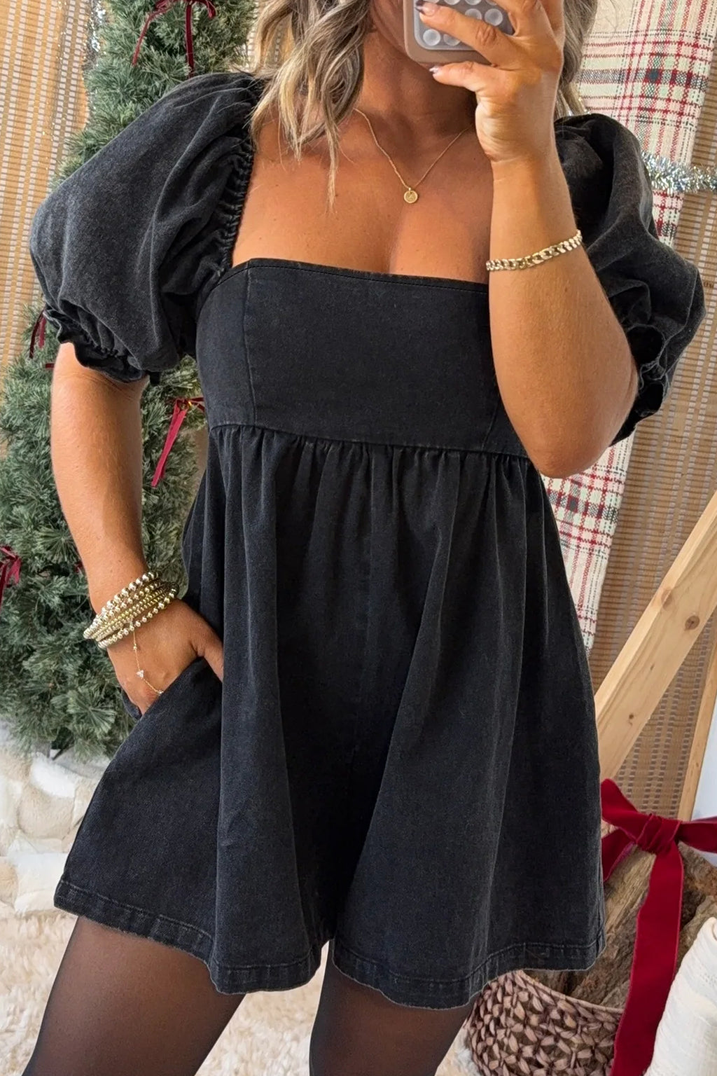 Black Denim Square Neck Smocked Short Puff Sleeve Flared Romper