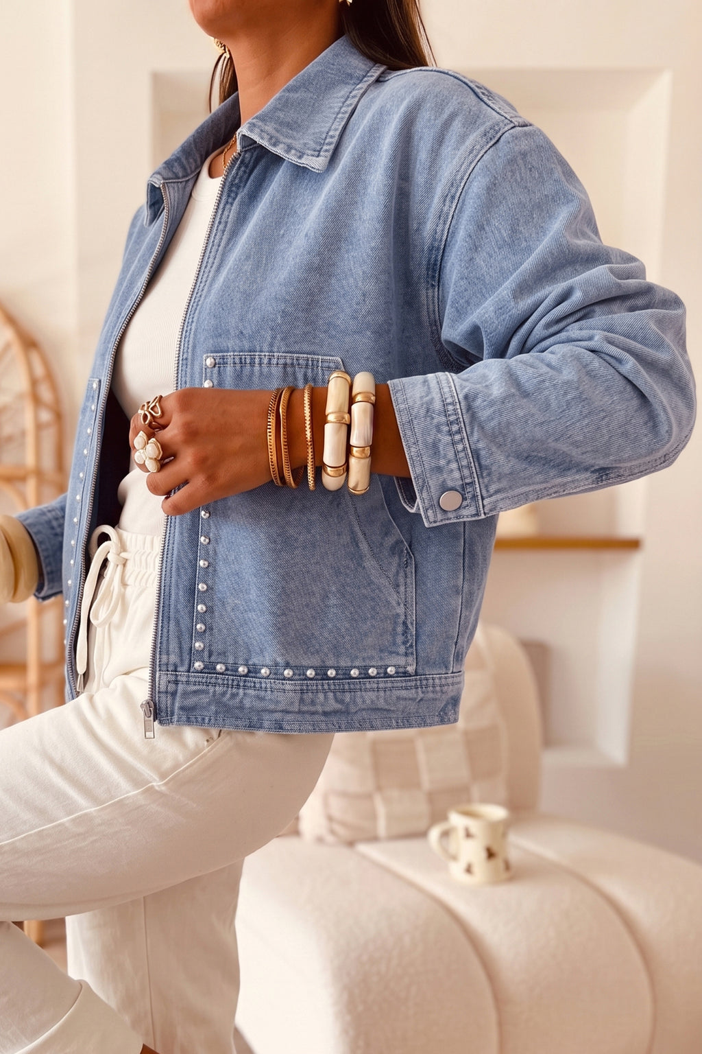 Beau Blue Studded Metal Zipper Rivet Pockets Long Sleeve Denim Jacket