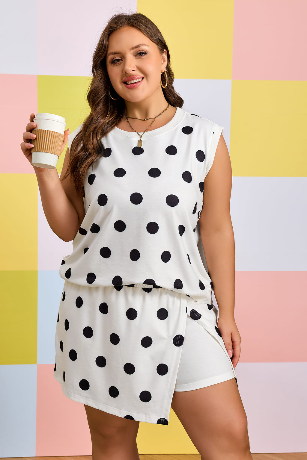 White Plus Size Polka Dot Printed Tank Split Skort 2pcs Outfit