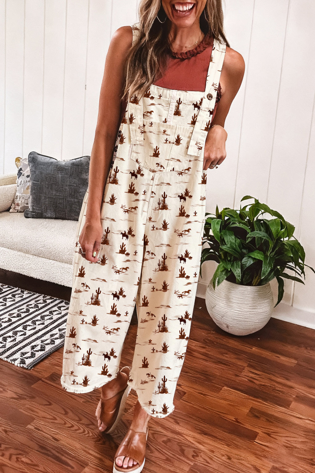 Beige Western Printed Button Adjustable Straps Loose Jumpsuit Dungarees