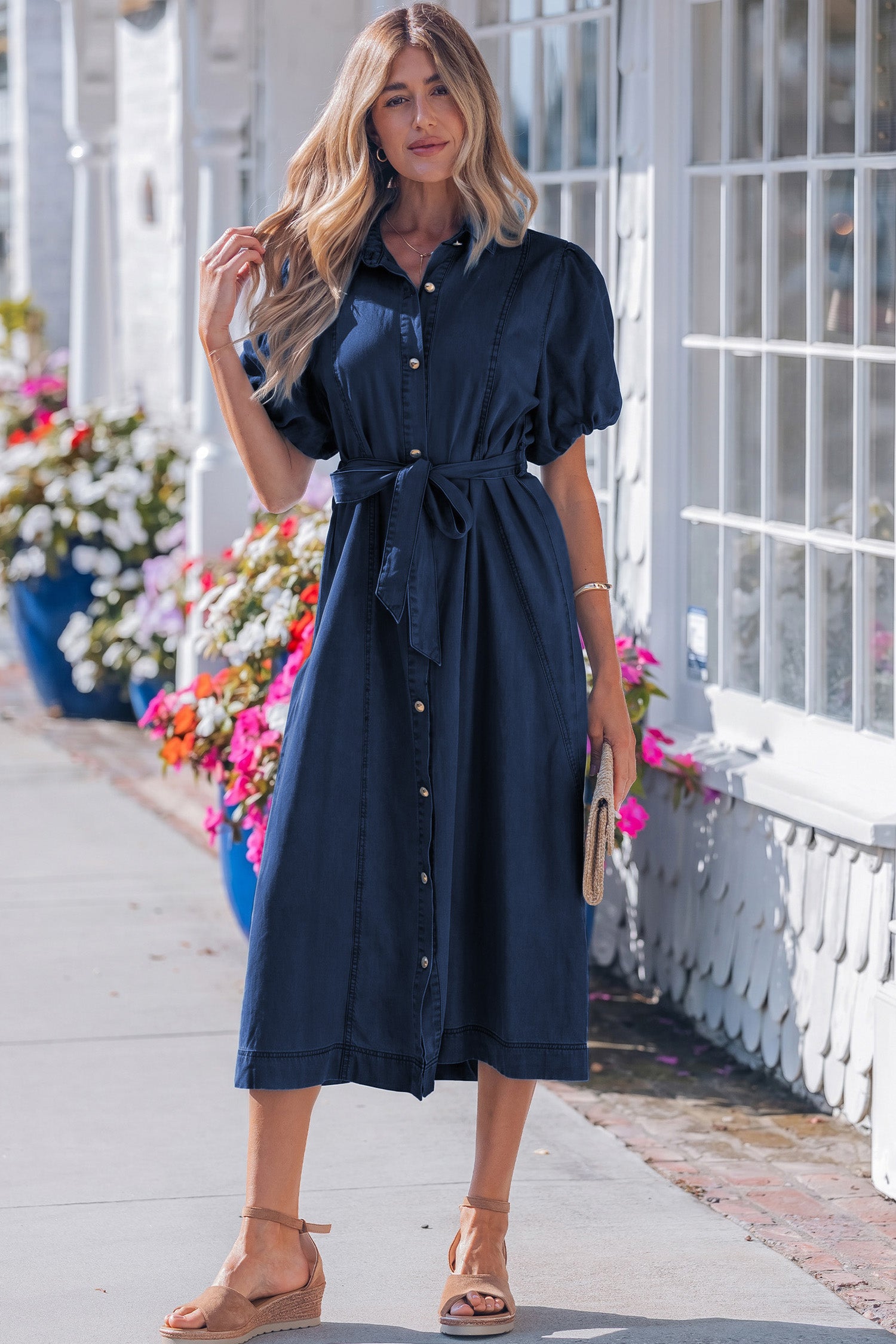 Sail Blue Full Buttons Collared Short Bubble Sleeve Long Denim Dress