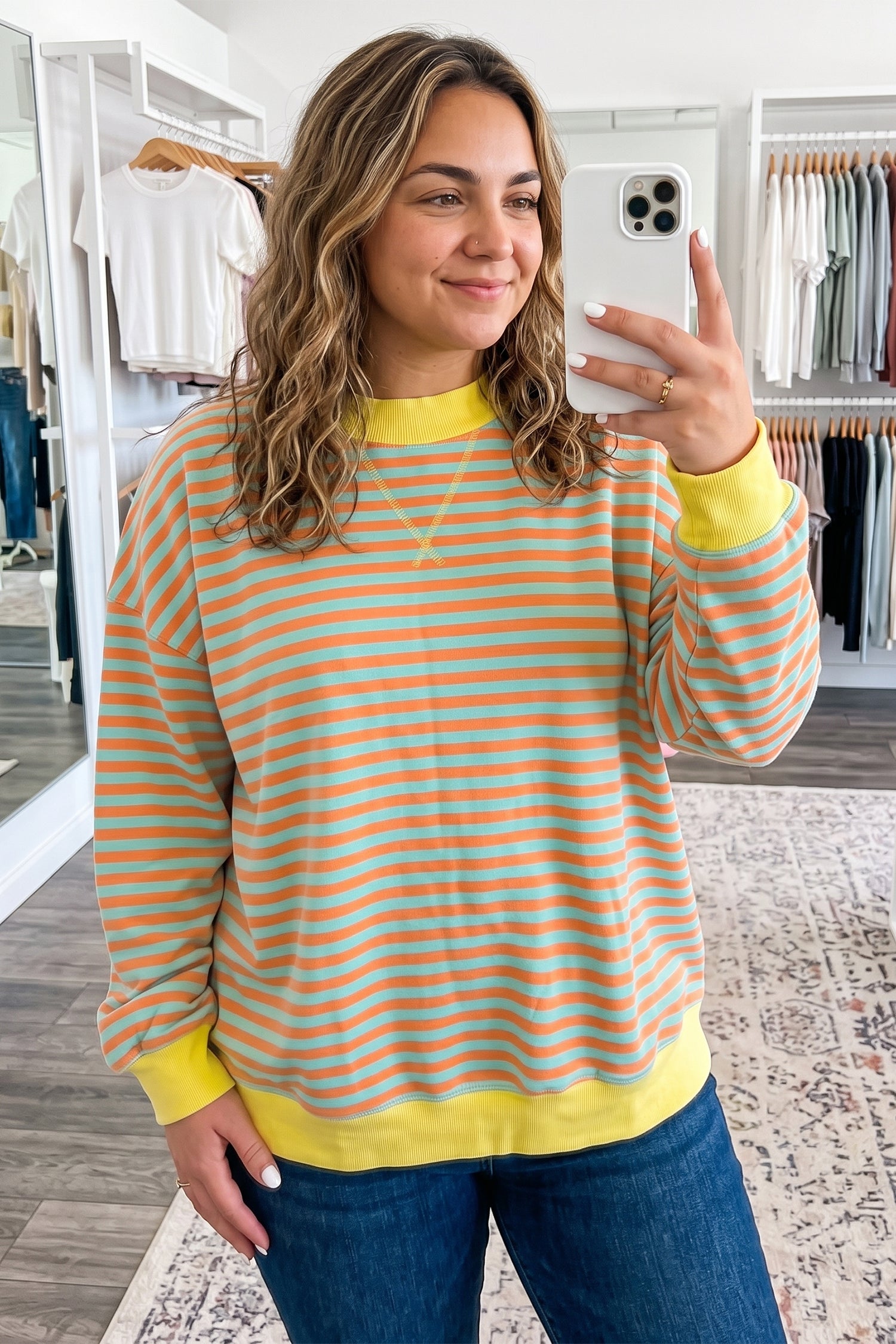 Orange Stripe High Neck Striped Colorblock Tunic Plus Size Sweatshirt