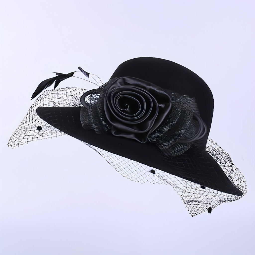 Damen Banketthut aus reiner Wolle mit Spitze und Blumenmuster und großer Krempe, Fischerhut
