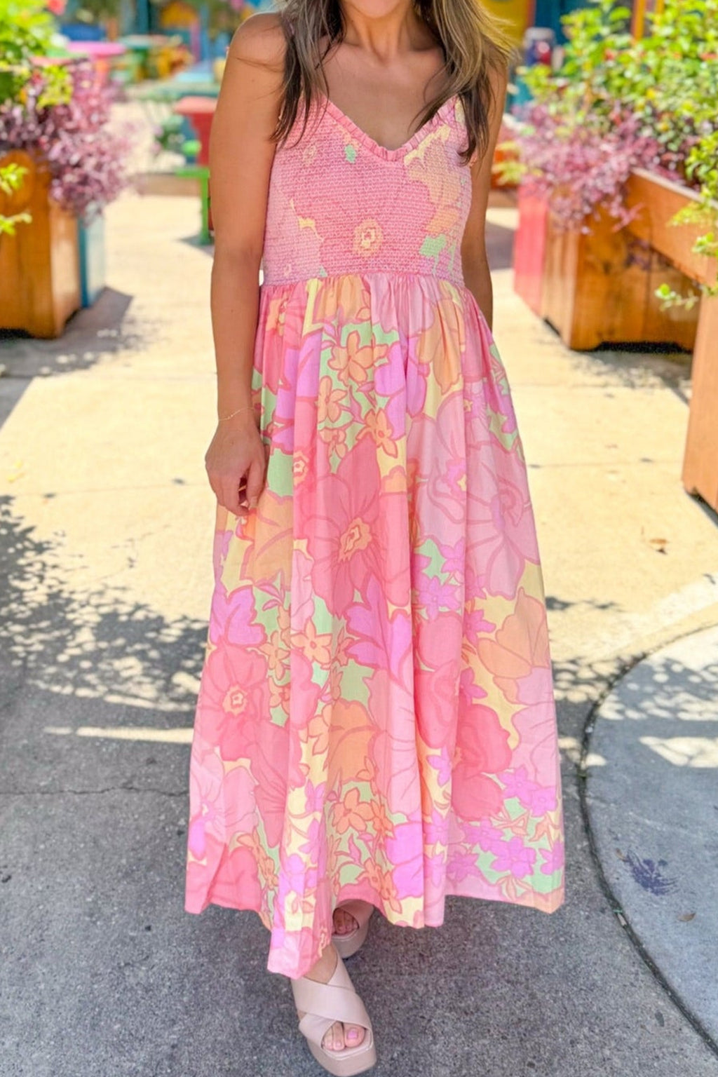 Pink Spaghetti Straps Floral Shirred High Waist Dress