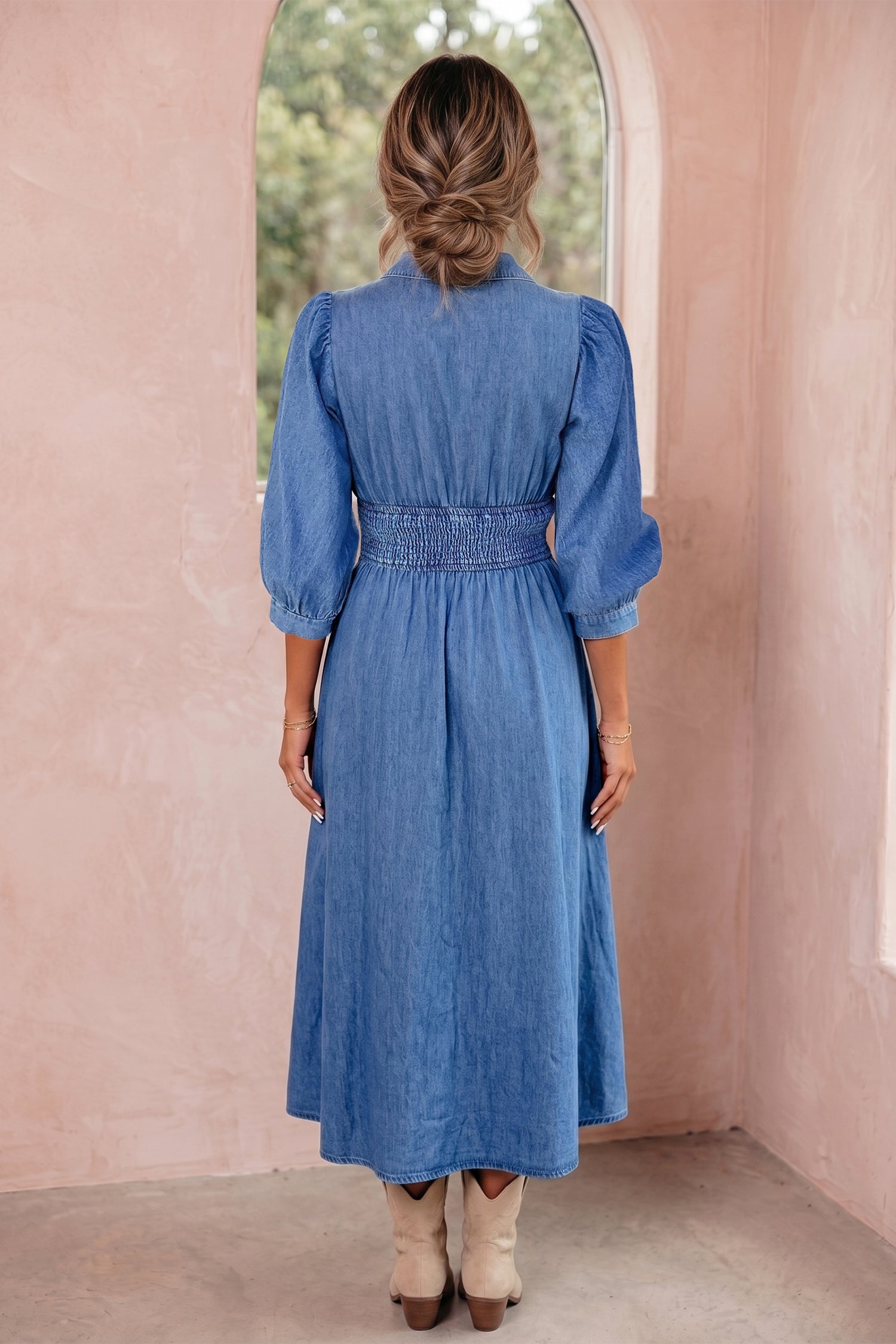 Blue V Neck Shirred Waist Metal Zipper Denim Midi Dress