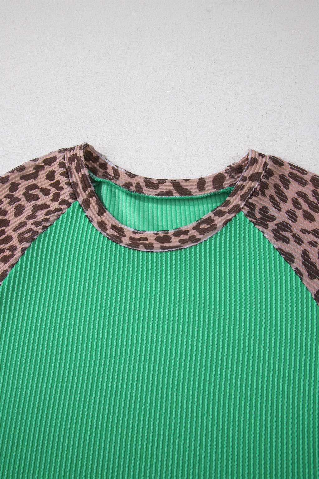 Green Corded Rib Leopard Color Block Patchwork Tunic Tee