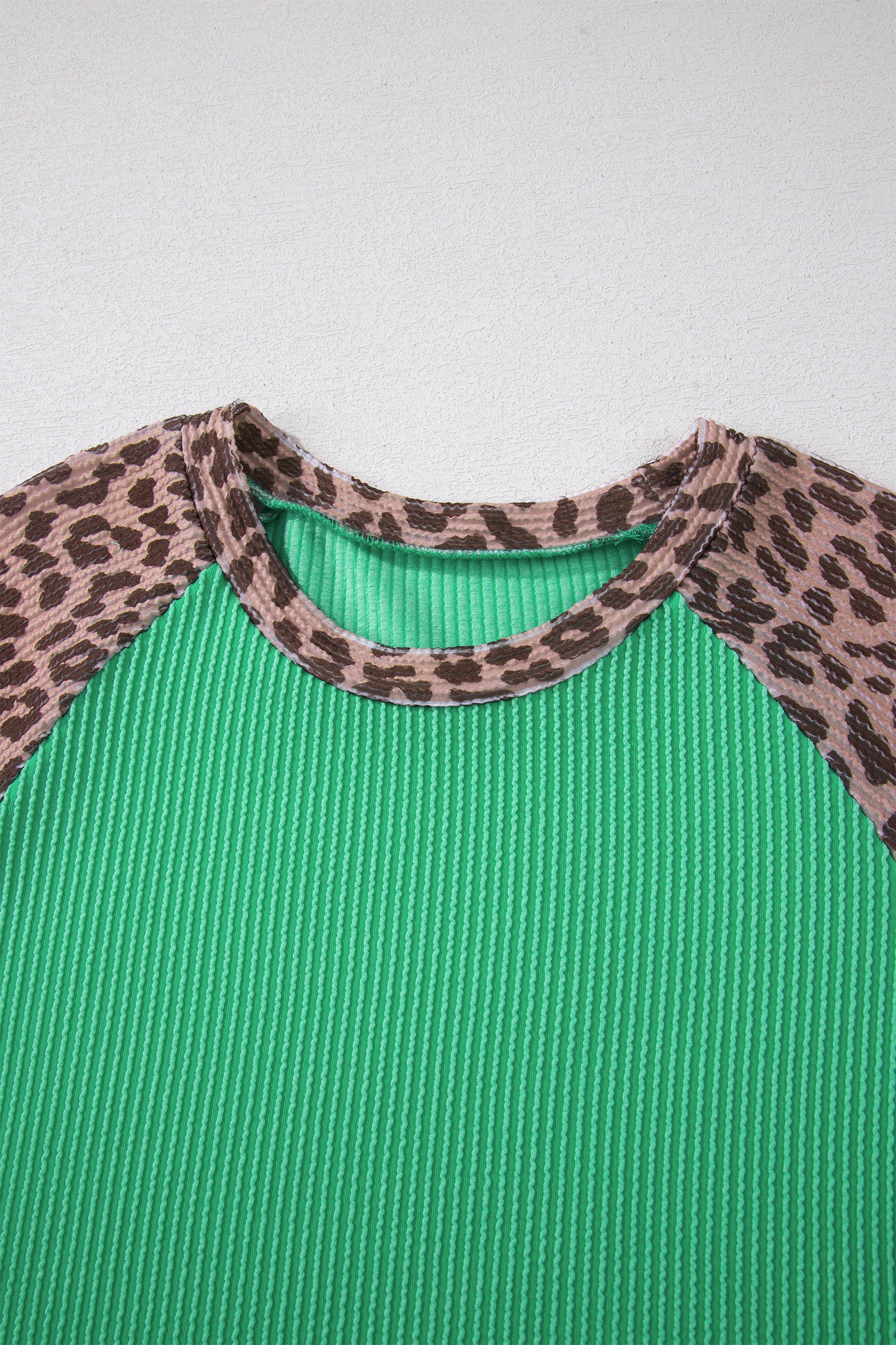 Green Corded Rib Leopard Color Block Patchwork Tunic Tee