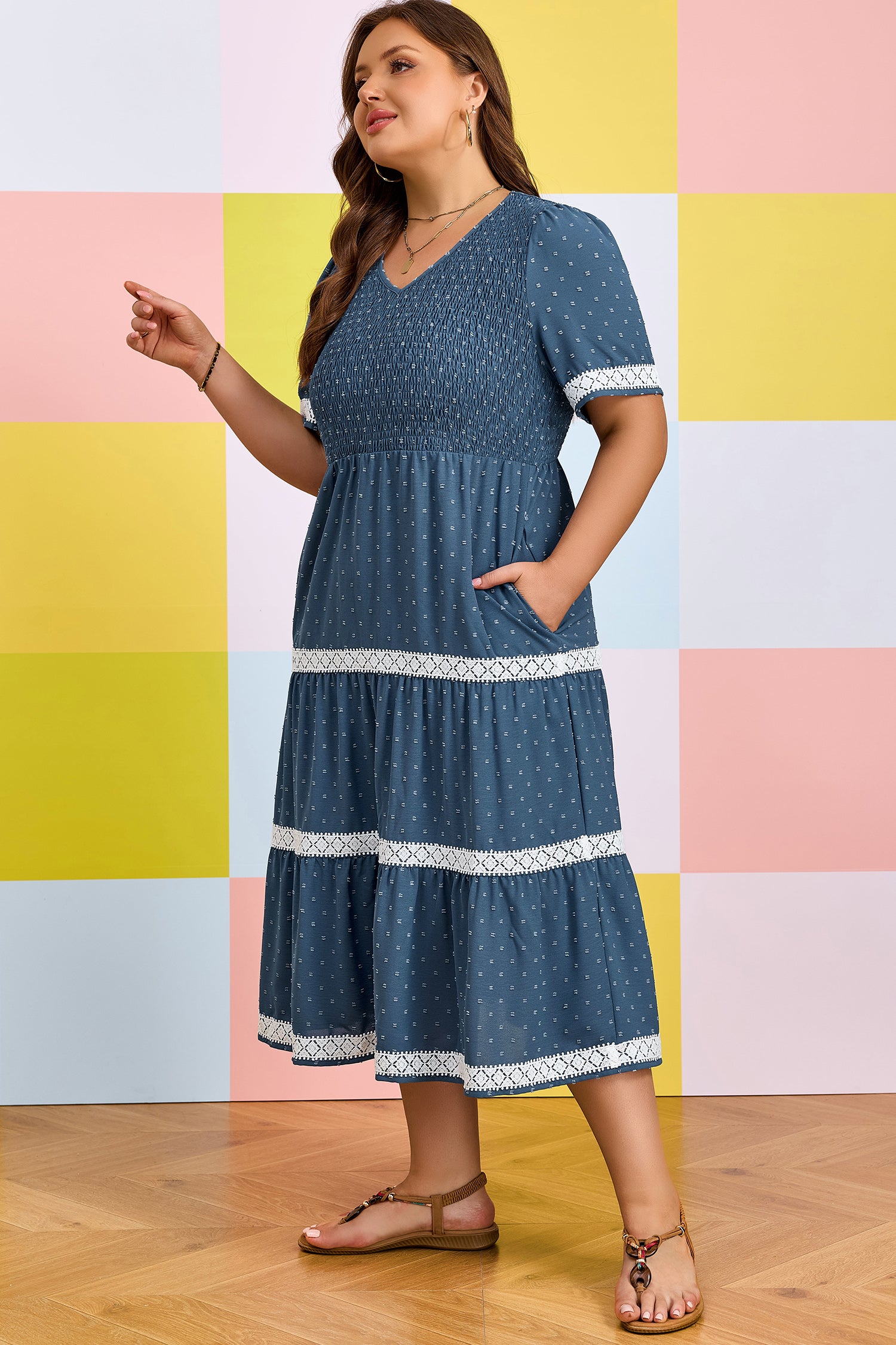 Dusk Blue Plus Size V Neck Swiss Dot Lace Patchwork Detail Flared Midi Dress
