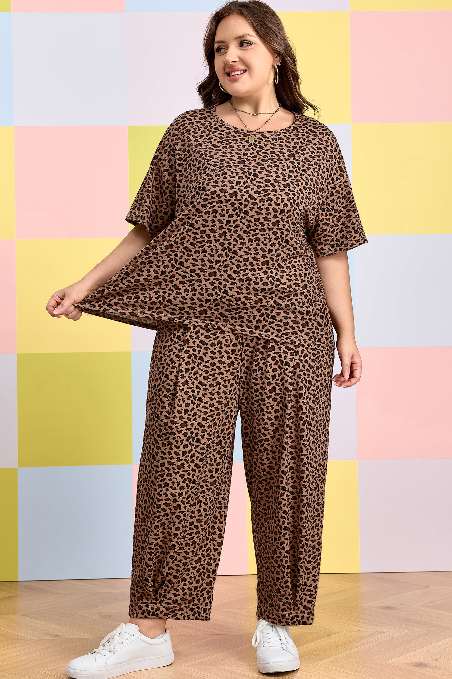 Brown Plus Size Leopard Loose Top Pleated Pants Set