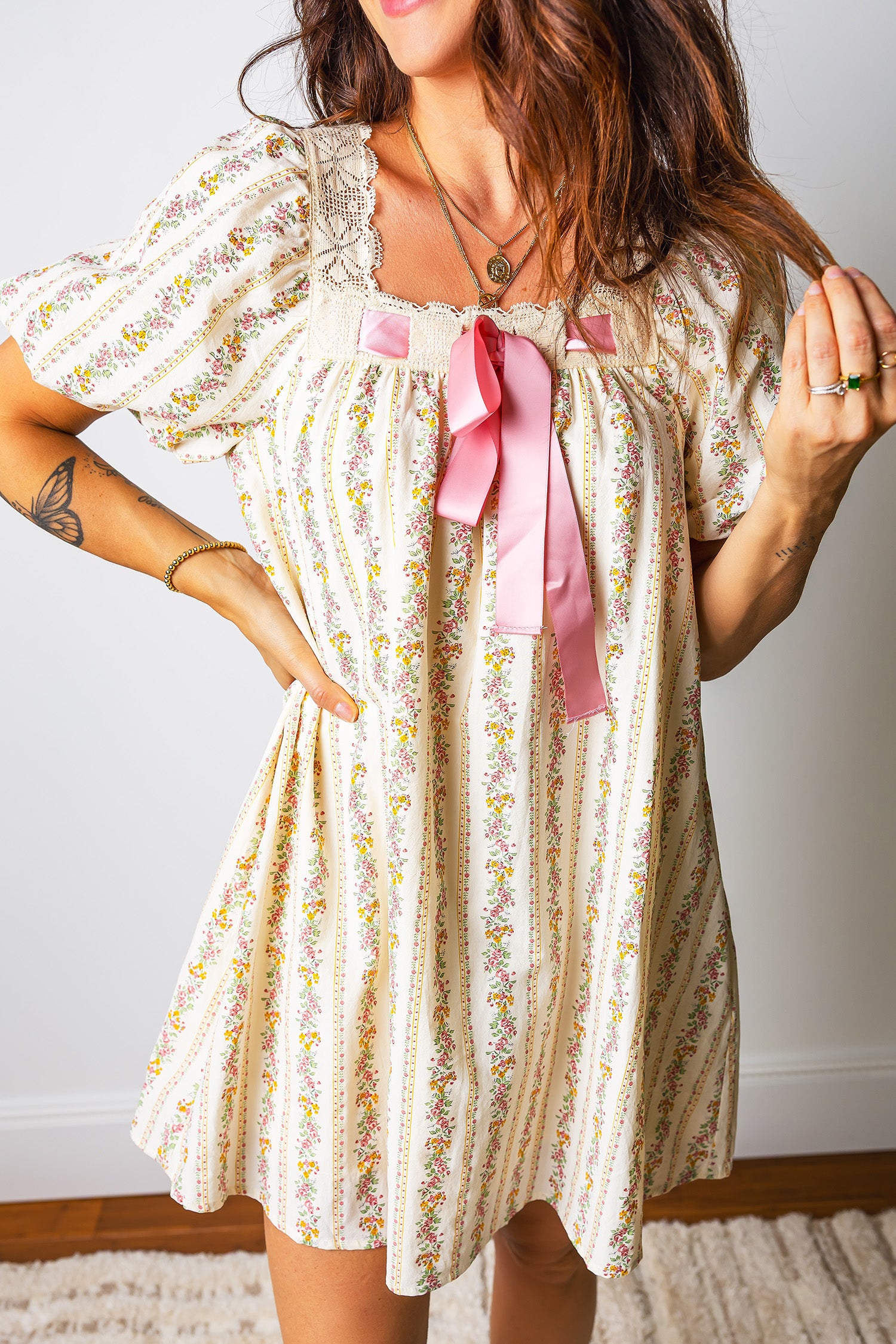 Multicolour Floral Print Contrast Ribbon Bow Lace Trim Square Neck Mini Dress