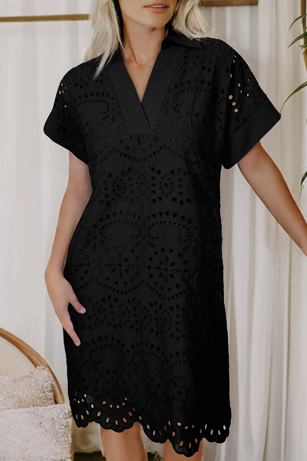 Green Solid Color Eyelet Embroidered T Shirt Mini Dress