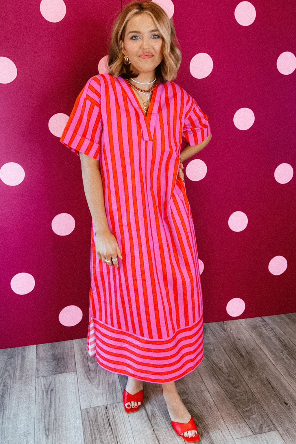 Red Stripe V Neck Cuffed Sleeve Relaxed Split Midi Dress
