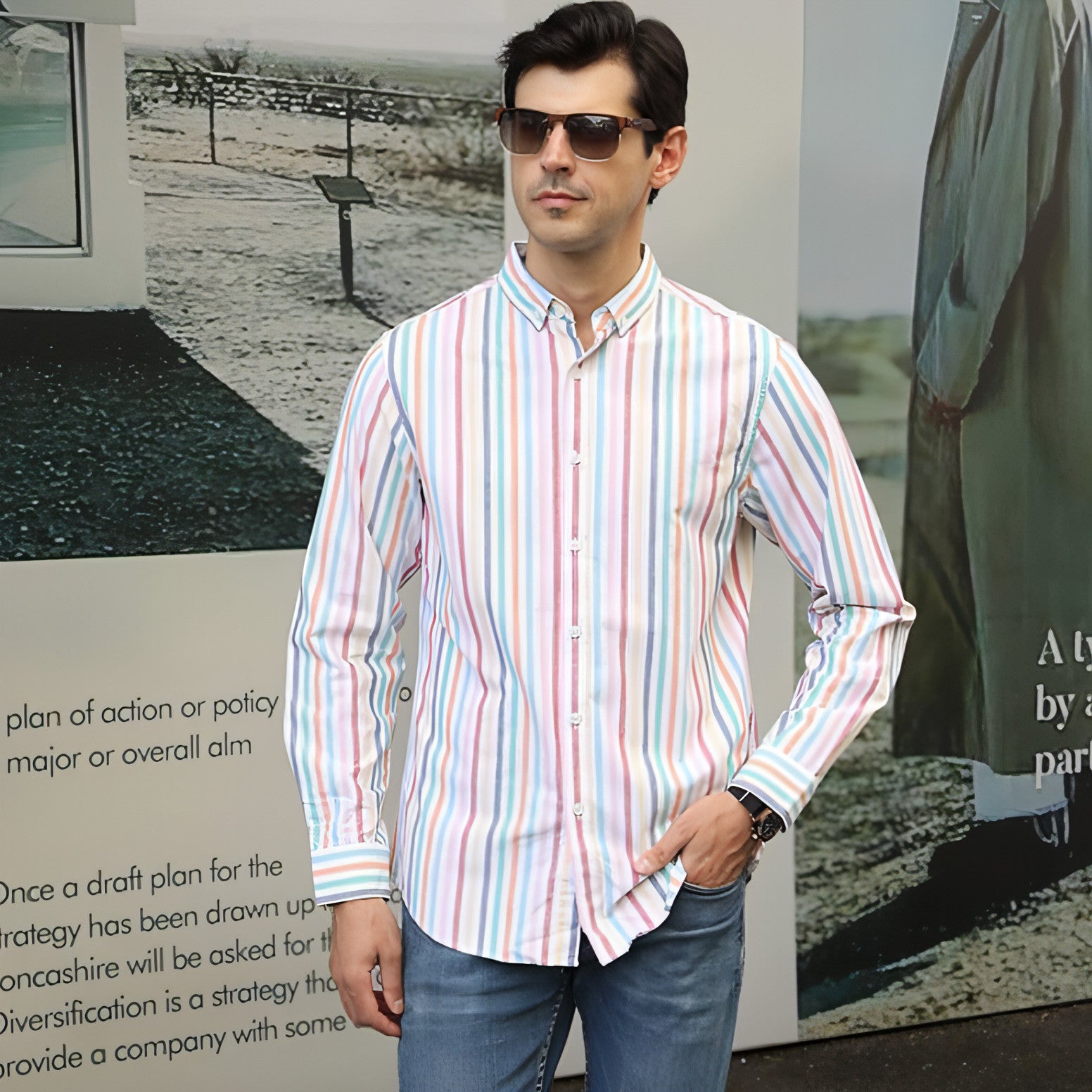 Camisa de vestir de algodón Oxford de manga larga para hombre