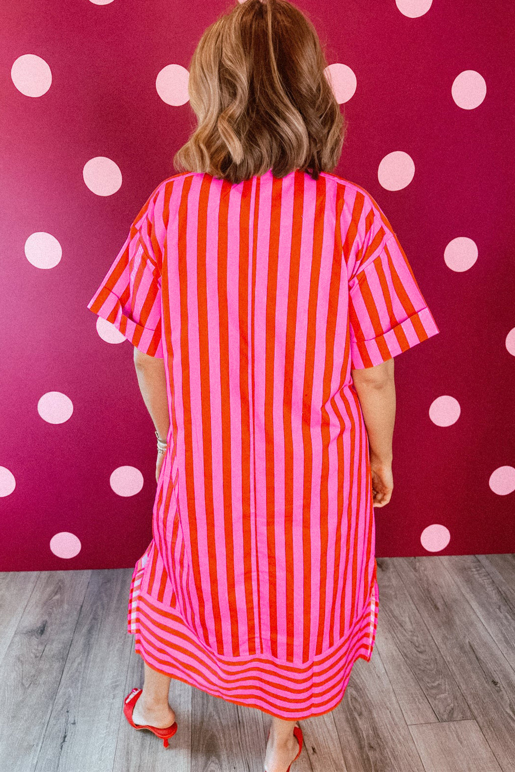 Red Stripe V Neck Cuffed Sleeve Relaxed Split Midi Dress