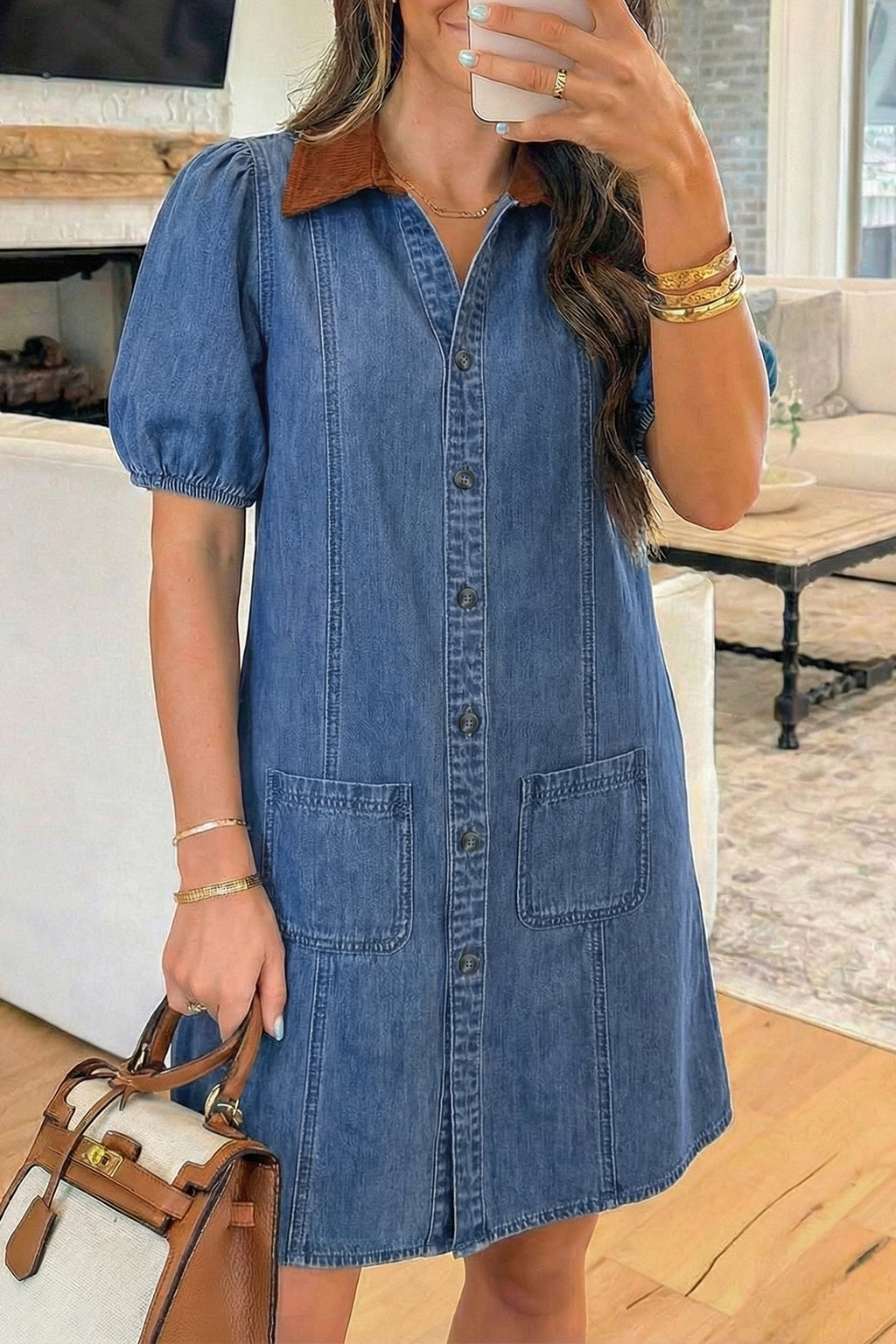 Blue Denim Short Puff Sleeve Color Block Shirt Collar Patchwork Mini Dress