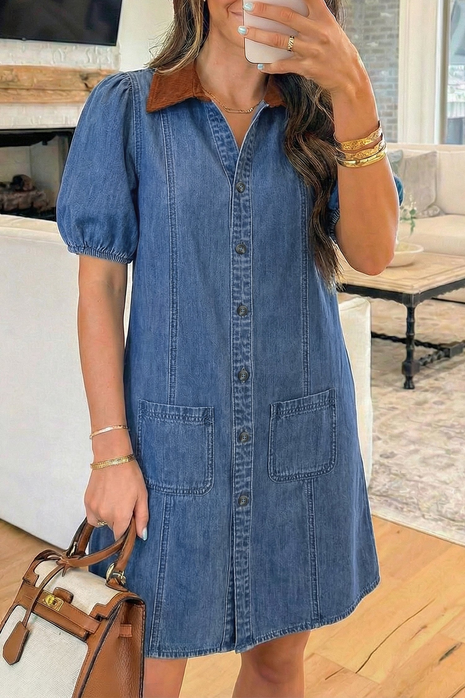 Blue Denim Short Puff Sleeve Color Block Shirt Collar Patchwork Mini Dress