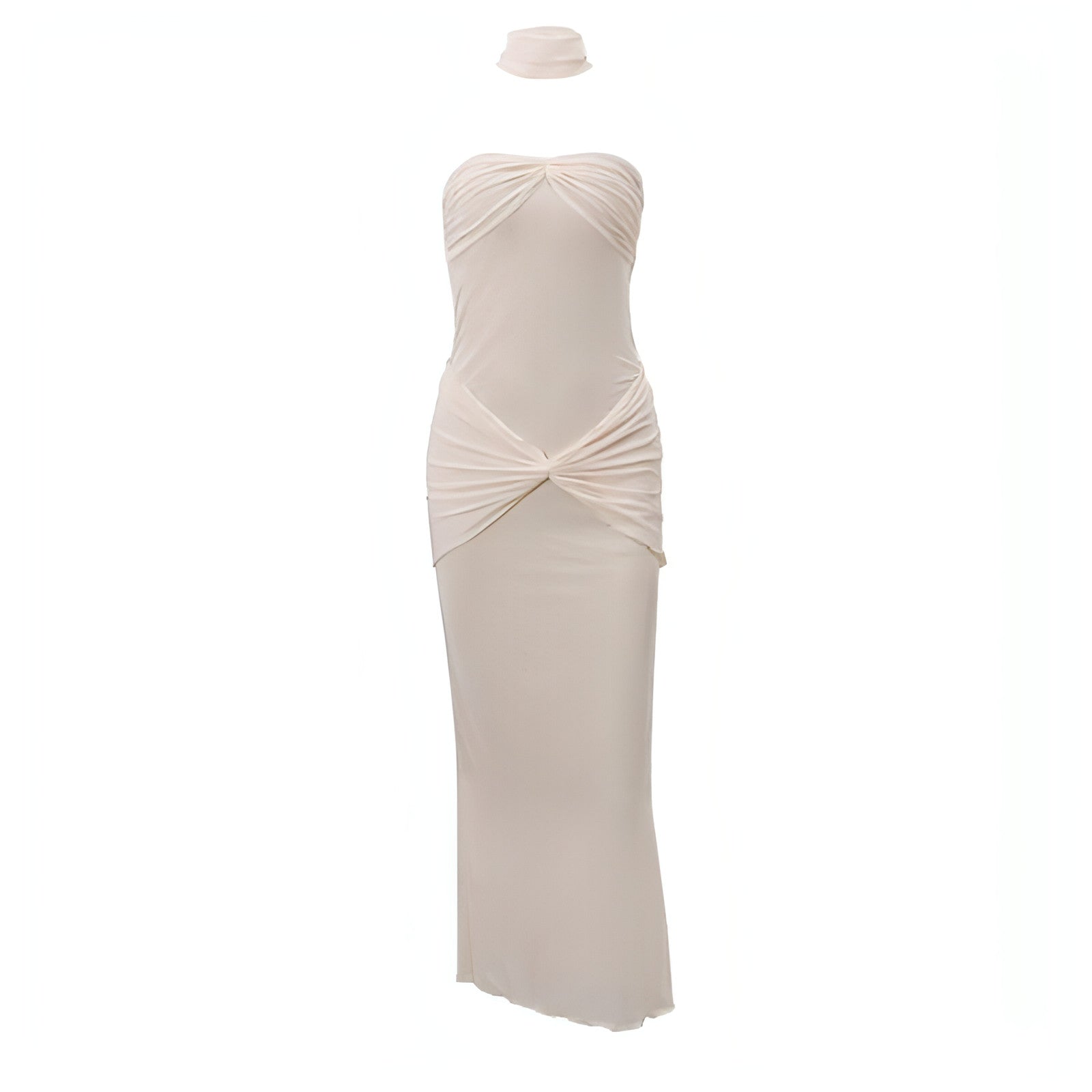 Vestido estilo vestido de cola de pez con lentejuelas ligeramente transparente y ligeramente envuelto en el pecho