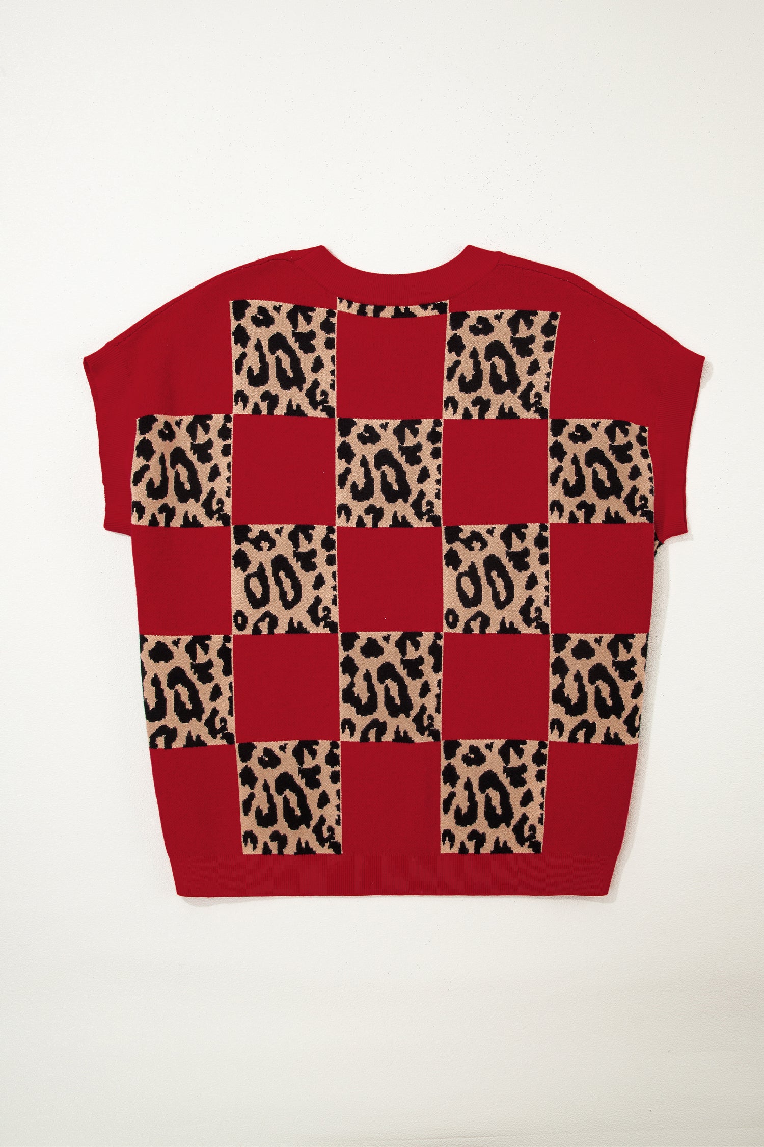 Green Plus Size Leopard Contrasted Checkered Short Sleeve Sweater