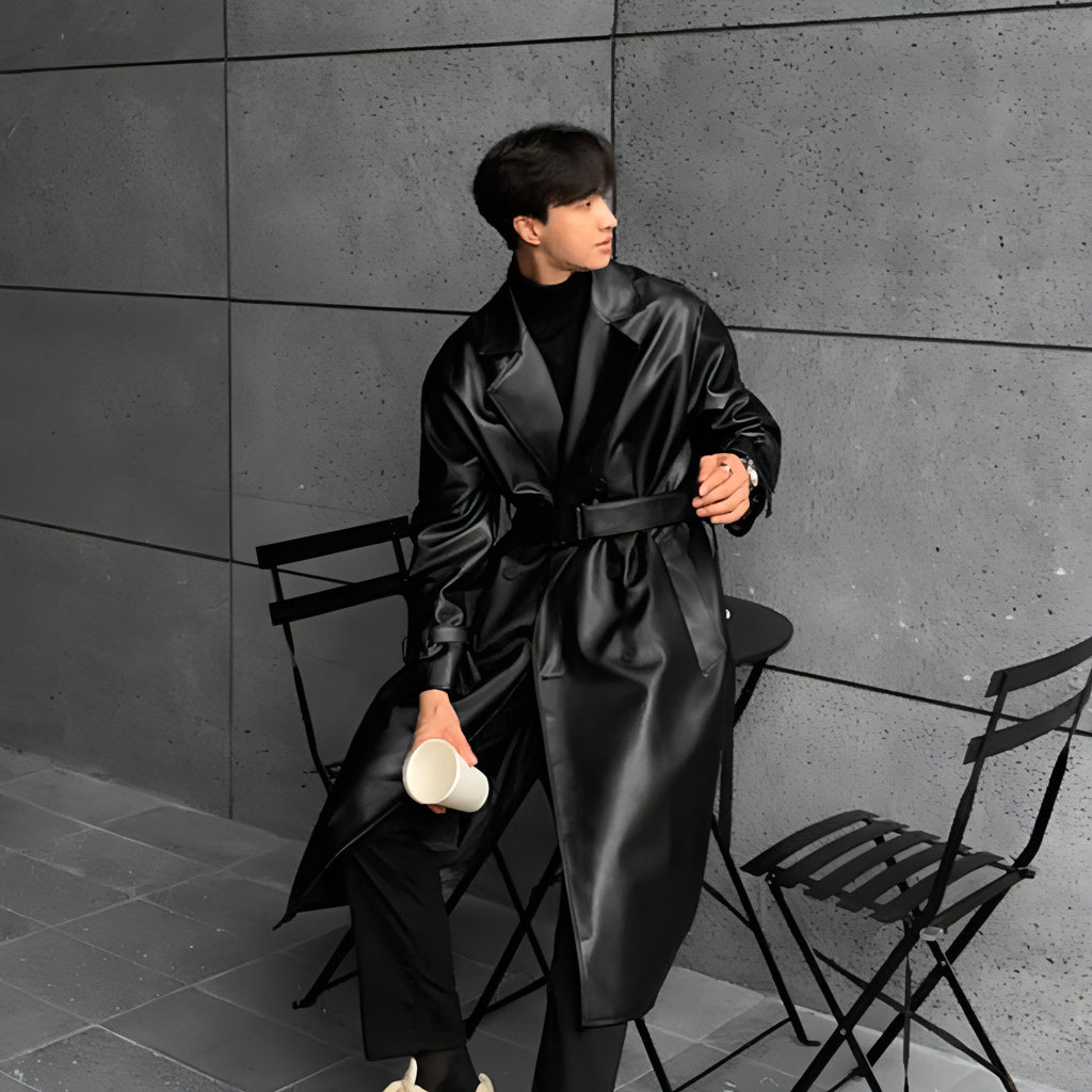 Gabardina de cuero cruzada de largo medio para hombre