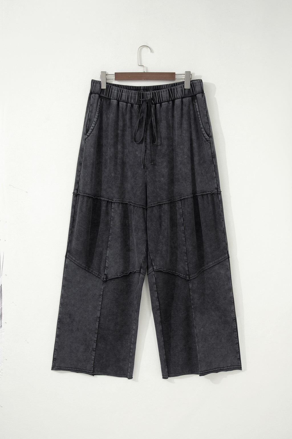 Black Plus Size Mineral Wash Exposed Seam Patchwork Drawstring Loose Pants