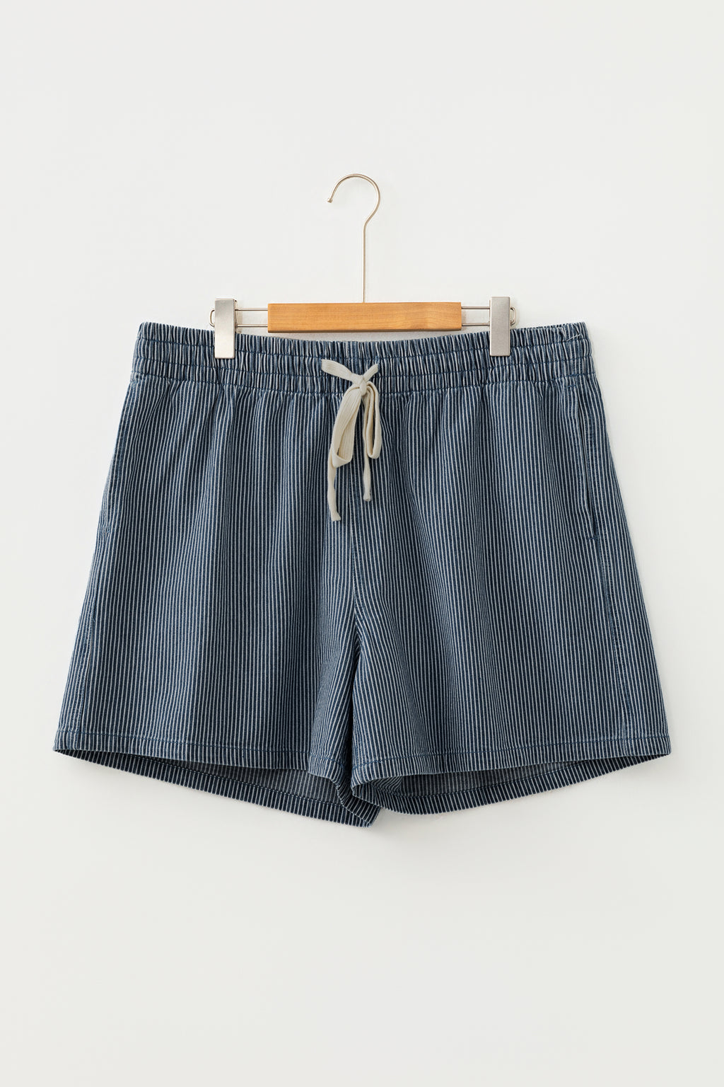 Sky Blue Stripe Plus Size Contrast Drawstring Elastic Waist Denim Shorts