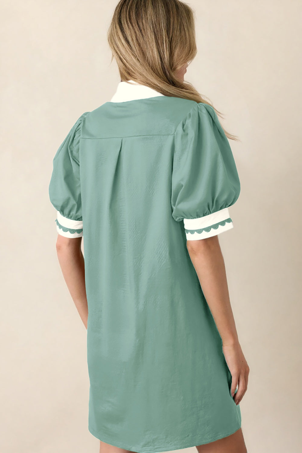 Light Pink Scallop Color Block Trim Puff Sleeve Mini Dress