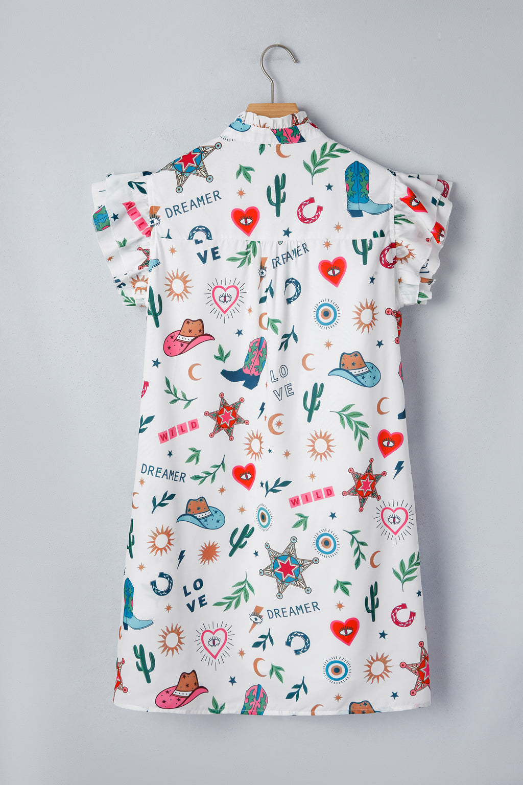 White Western Print Flutter Sleeve Button Down Mini Dress