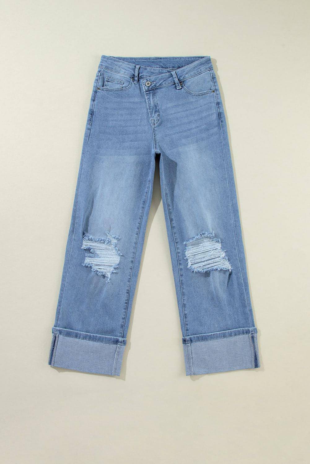Dusk Blue High Rise Asymmetrisk Button Zip Fly Ripped Jeans