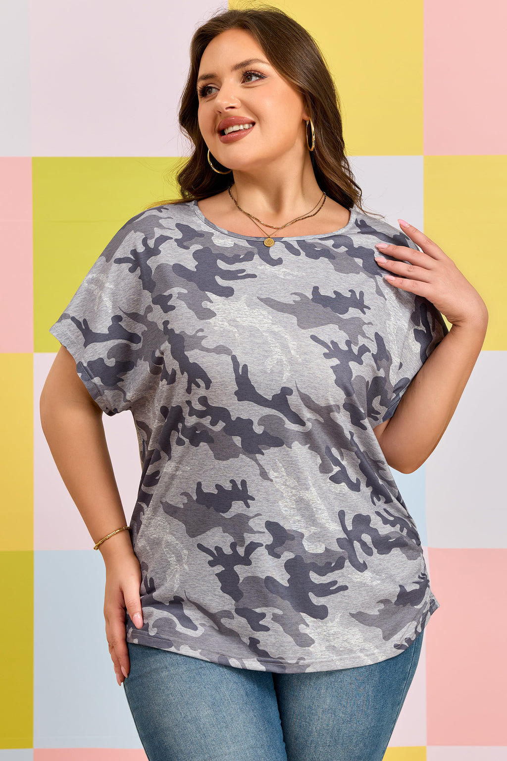 Gray Plus Size Camo Print Casual T Shirt
