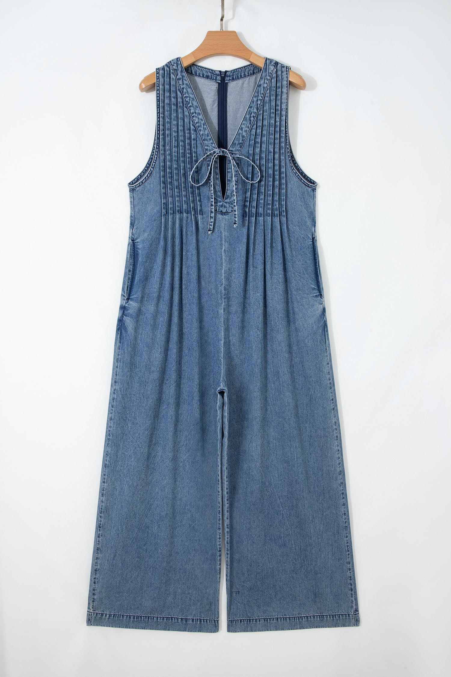Dusk Blue Acid Wash Pintuck Tie V Neck Denim Wide Leg Jumpsuit