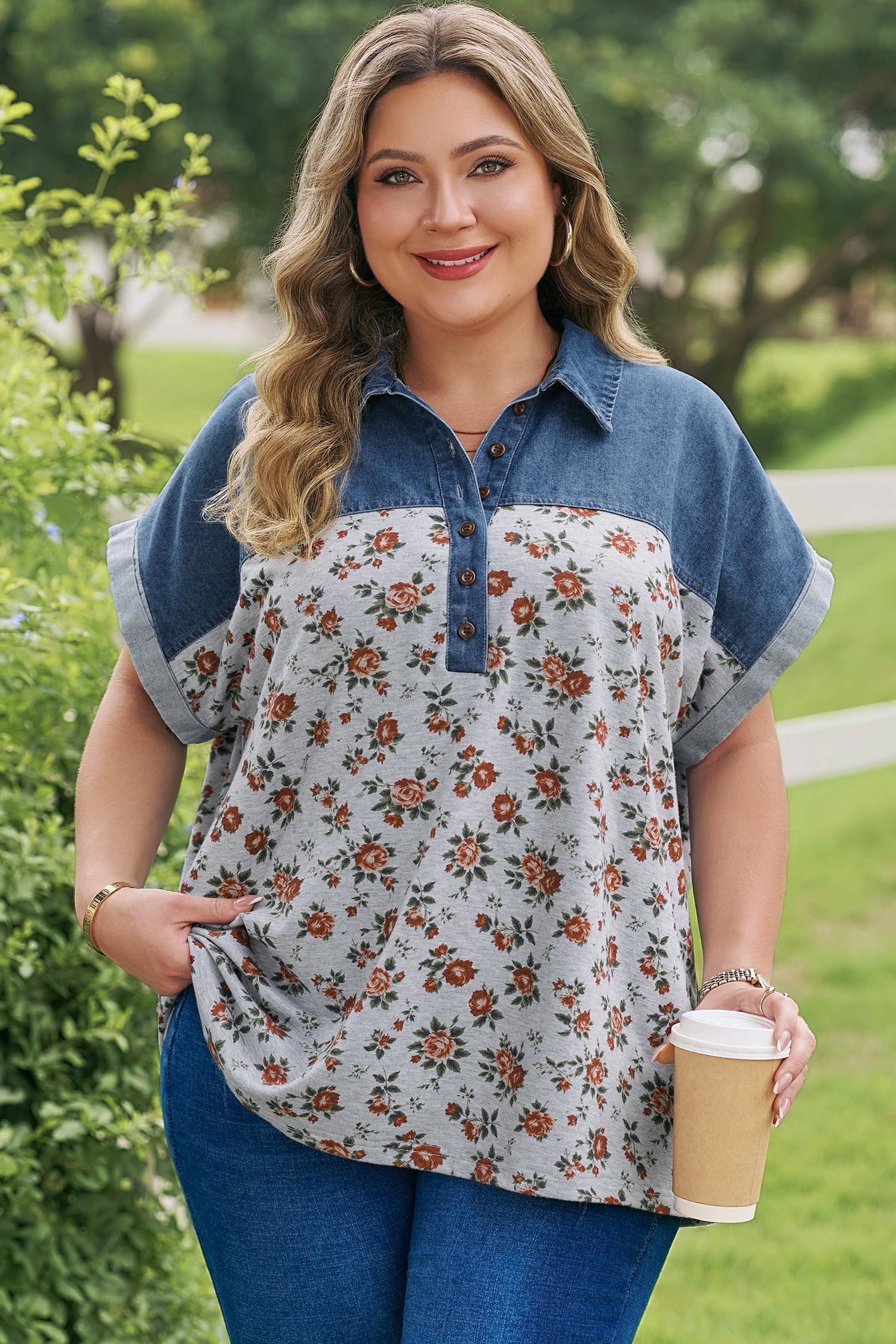 Gray Retro Floral Print Denim Patchwork Plus Size Polo Tee