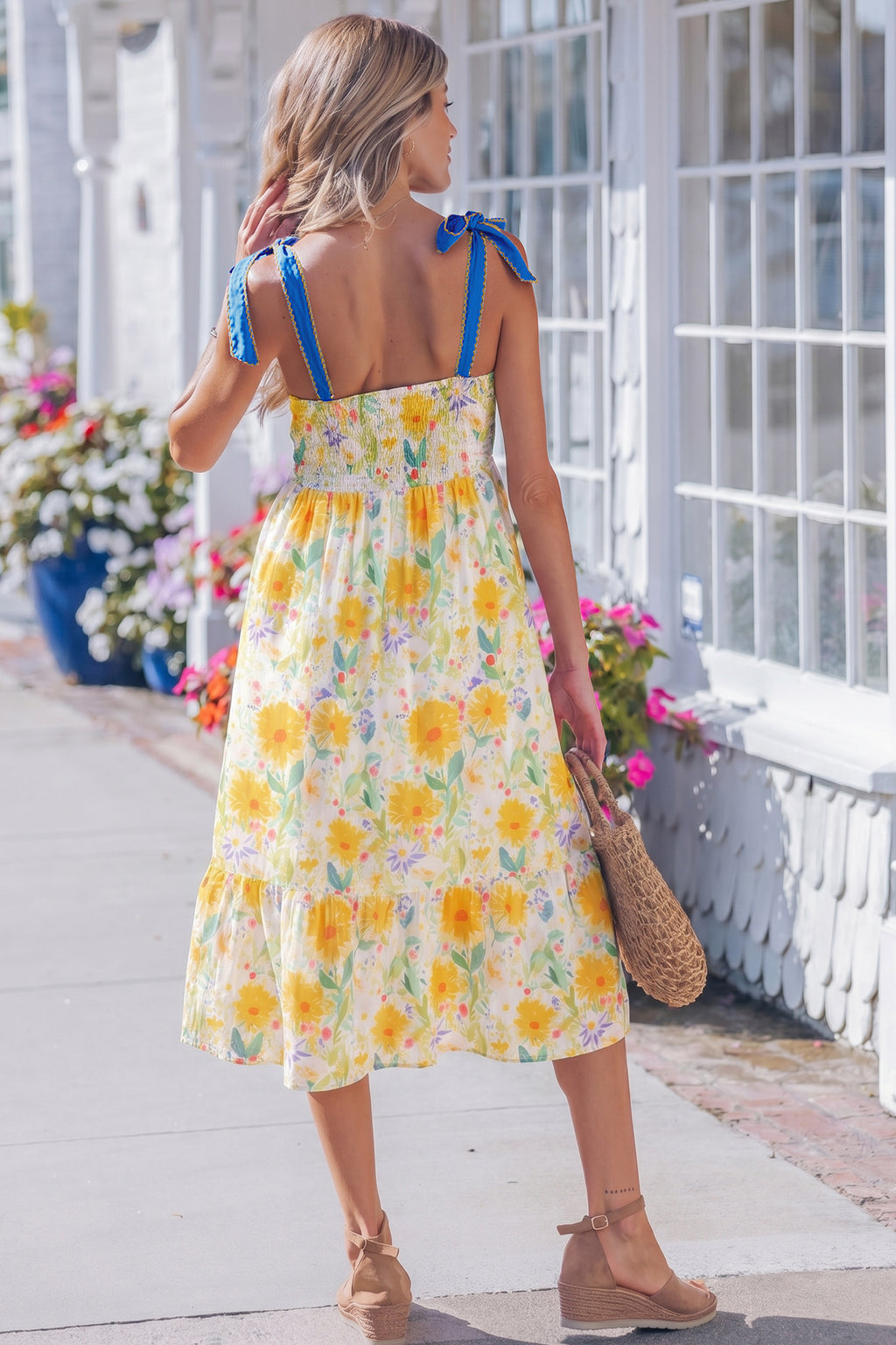 Yellow Floral Print Contrast Stitched Knot Denim Straps High Waist Dress