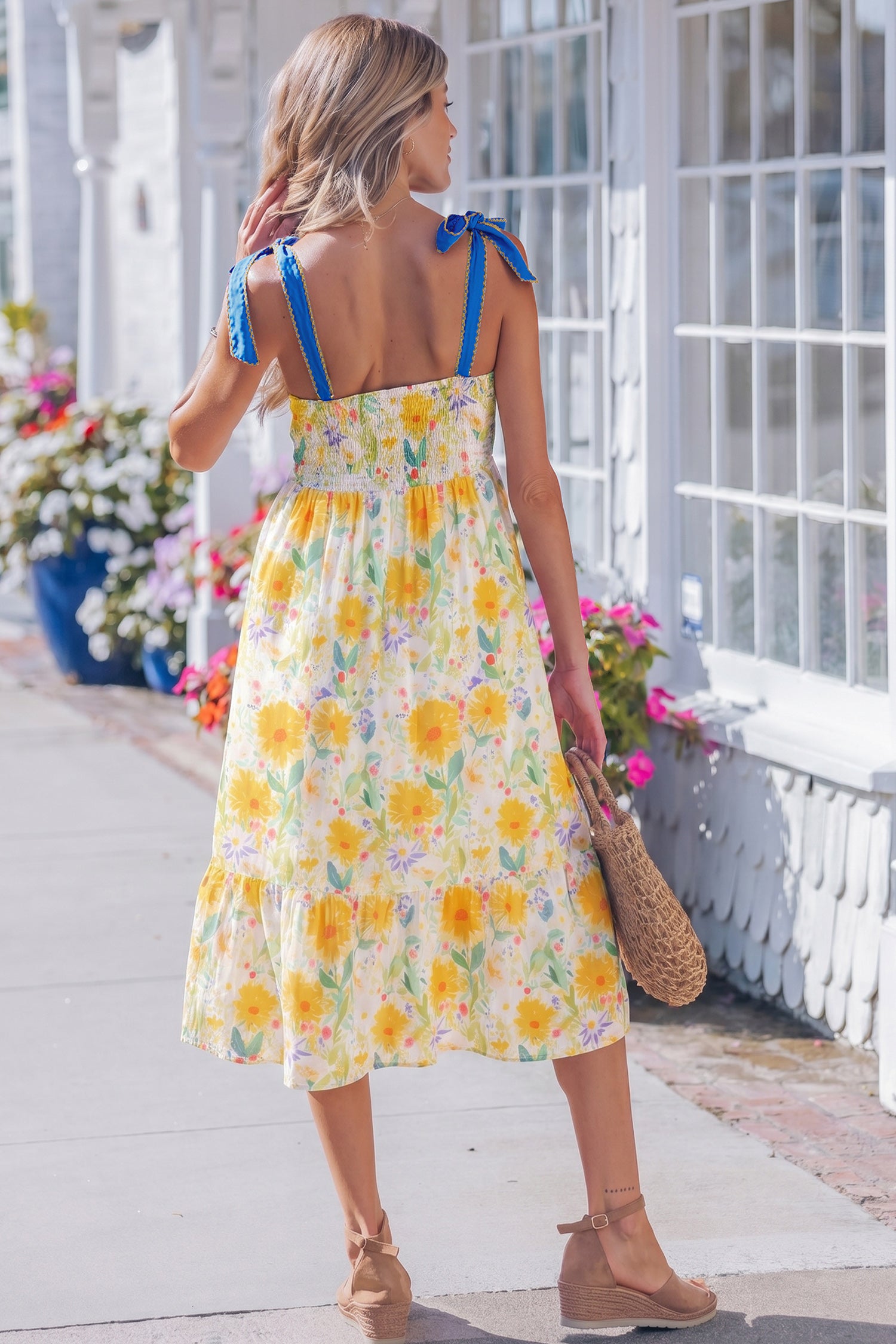 Yellow Floral Print Contrast Stitched Knot Denim Straps High Waist Dress