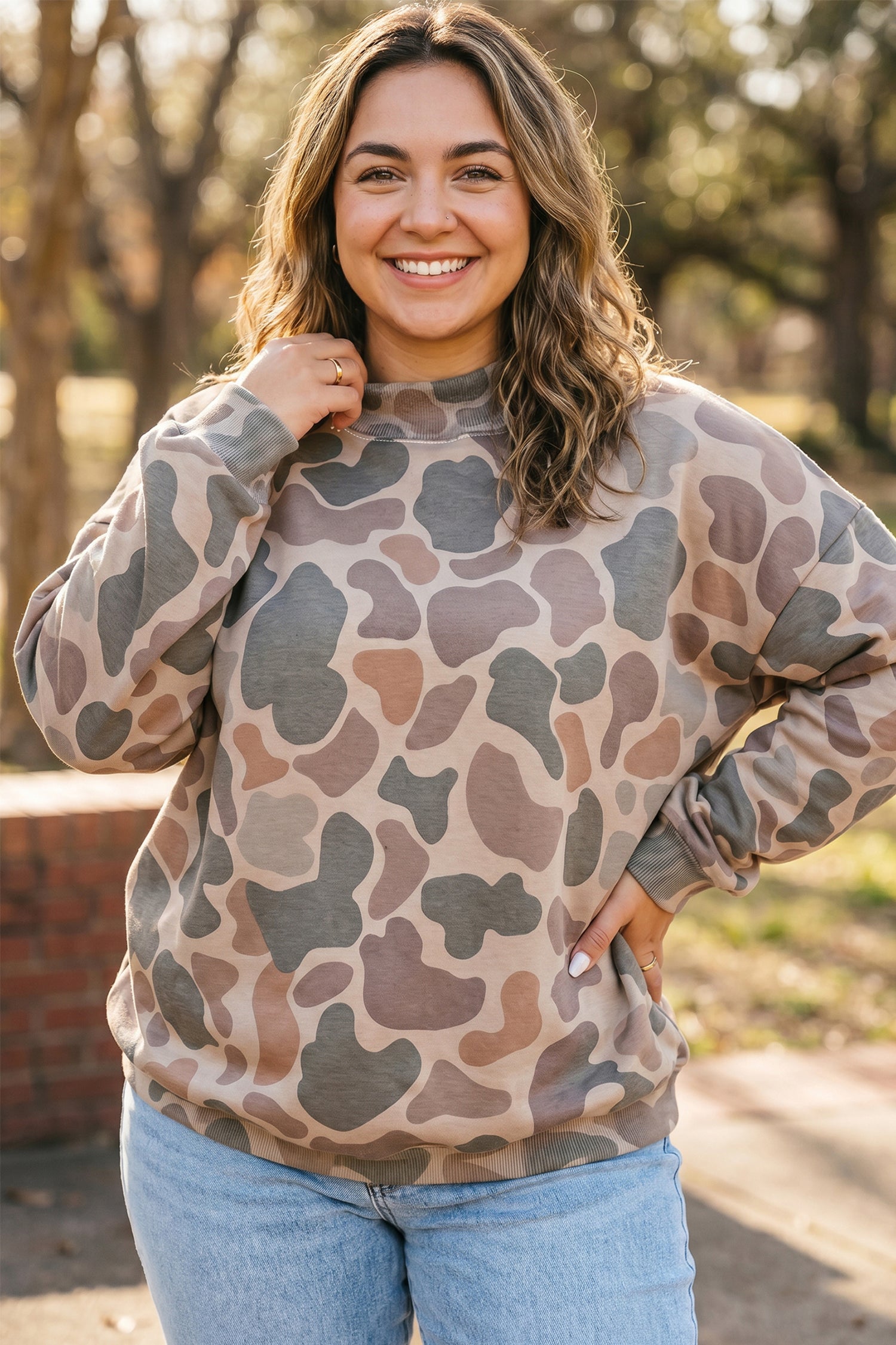 Multicolour Camo Print Ribbed Mock Neck Plus Size Sweatshirt