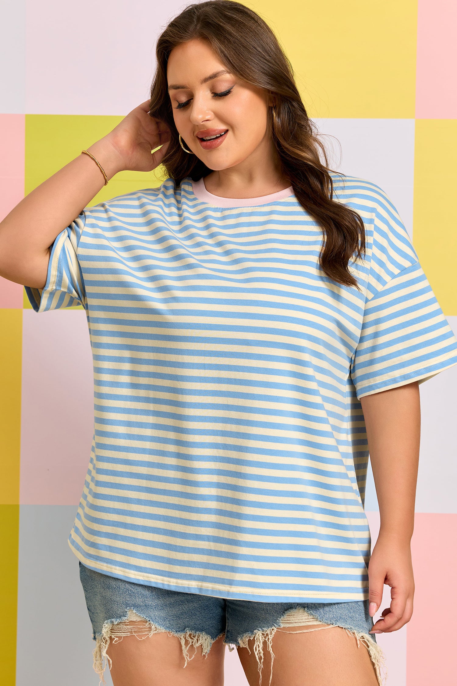 Sky Blue Stripe Plus Size Drop Shoulder Contrast Trim Round Neck Tee