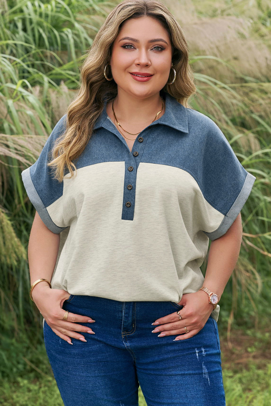 Light Grey Half Buttons Collared Denim Patchwork Plus Short Sleeve Top