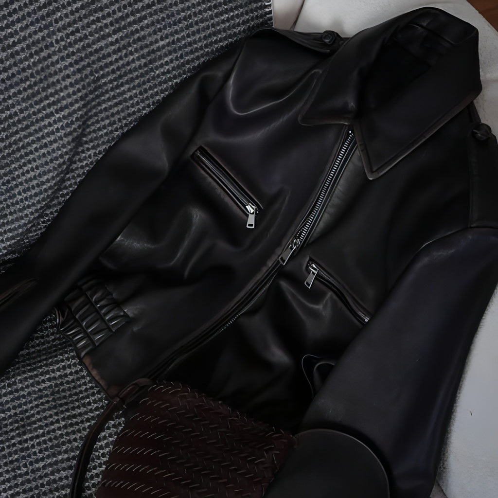 Damen Schaffellmantel Retro Biker Ledermantel