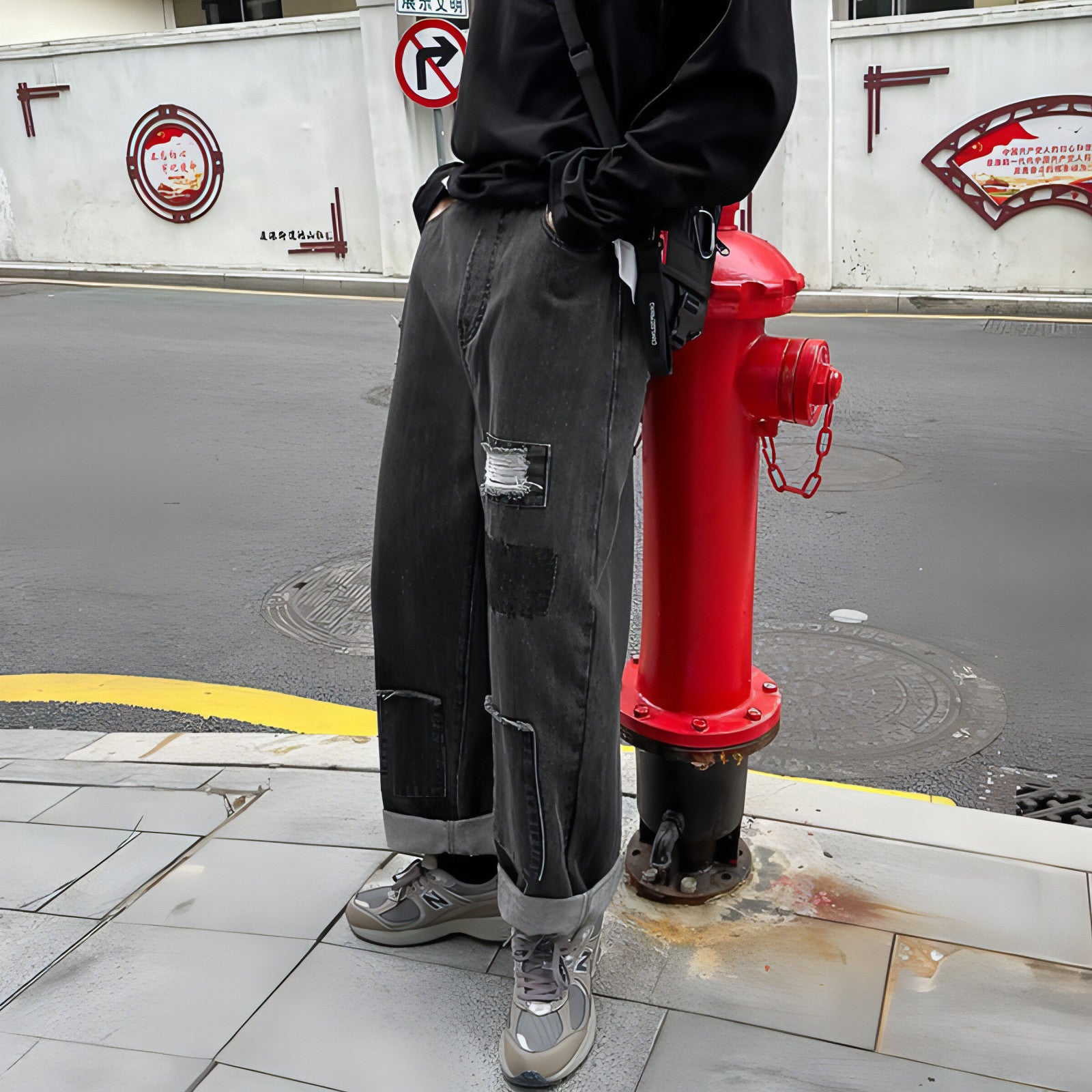 Pantalones de calle de corte alto, vaqueros rotos, pierna recta y suelta para hombre