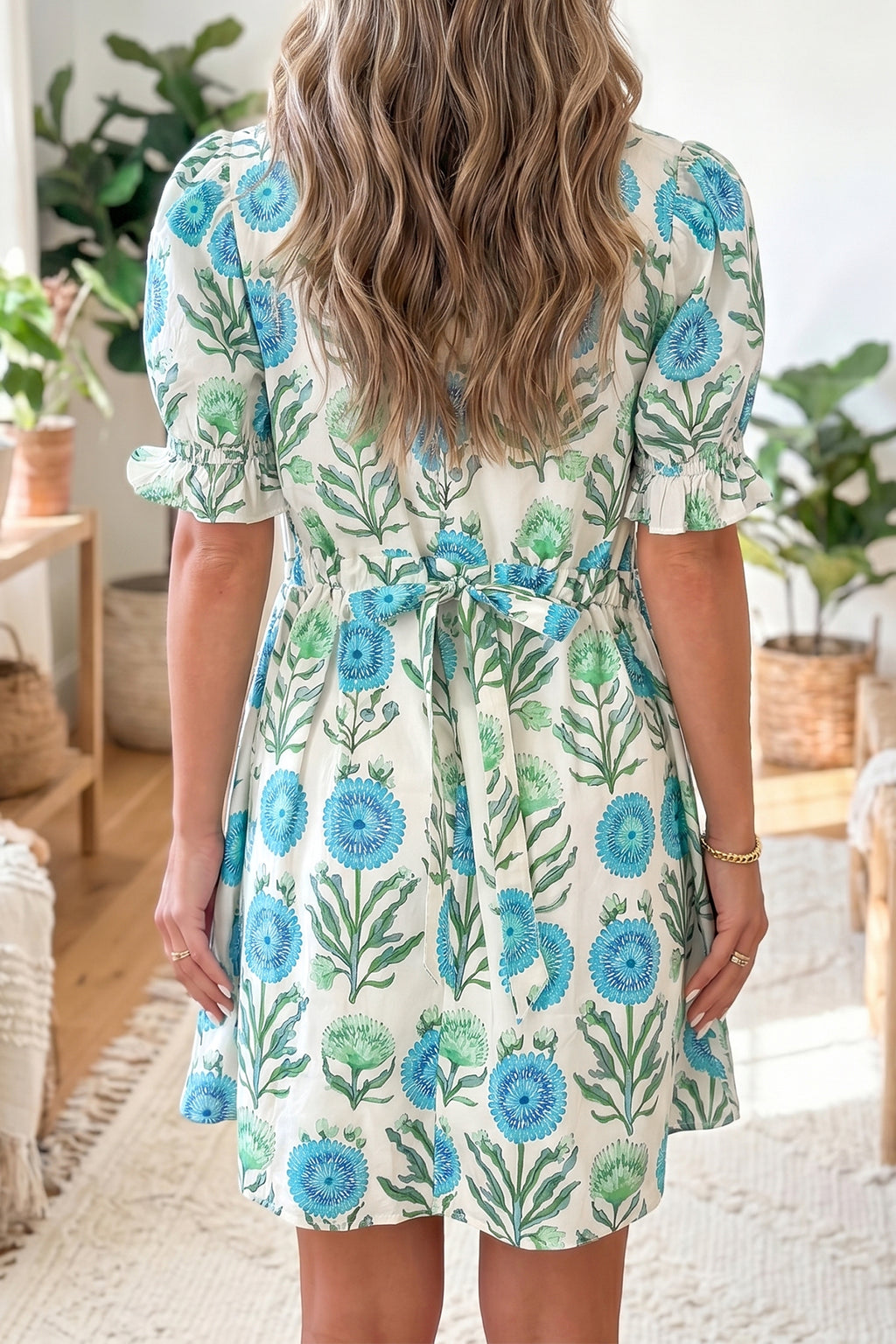 Sky Blue Floral Print Half Button Frilly Short Sleeve Dress