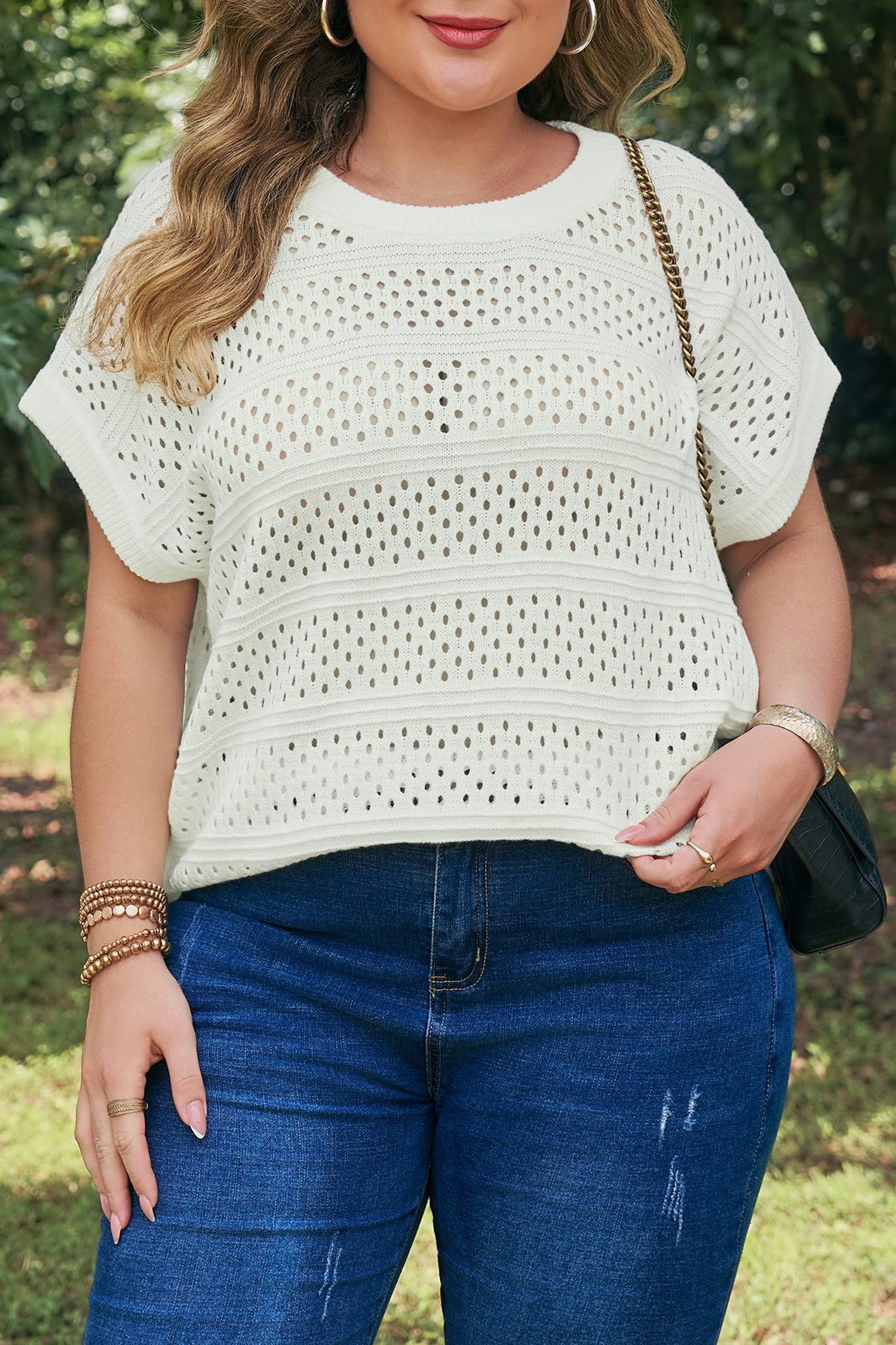 White Plus Size Eyelet Hollow Out Knit Ribbed Trim Short Sleeve Dolman Sweater
