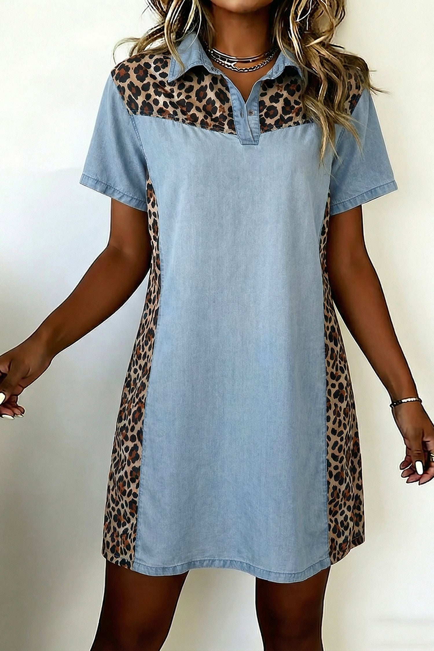Myosotis Denim Color Block Leopard Patchwork Shirt Collar T Shirt Mini Dress