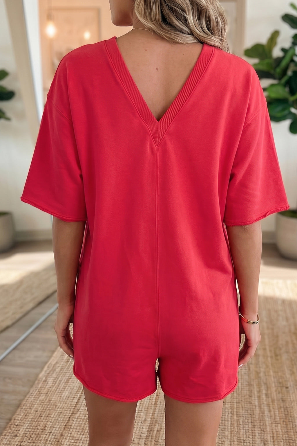 Pink Solid Color Raw Edge Half Sleeve Pocketed Loose Romper