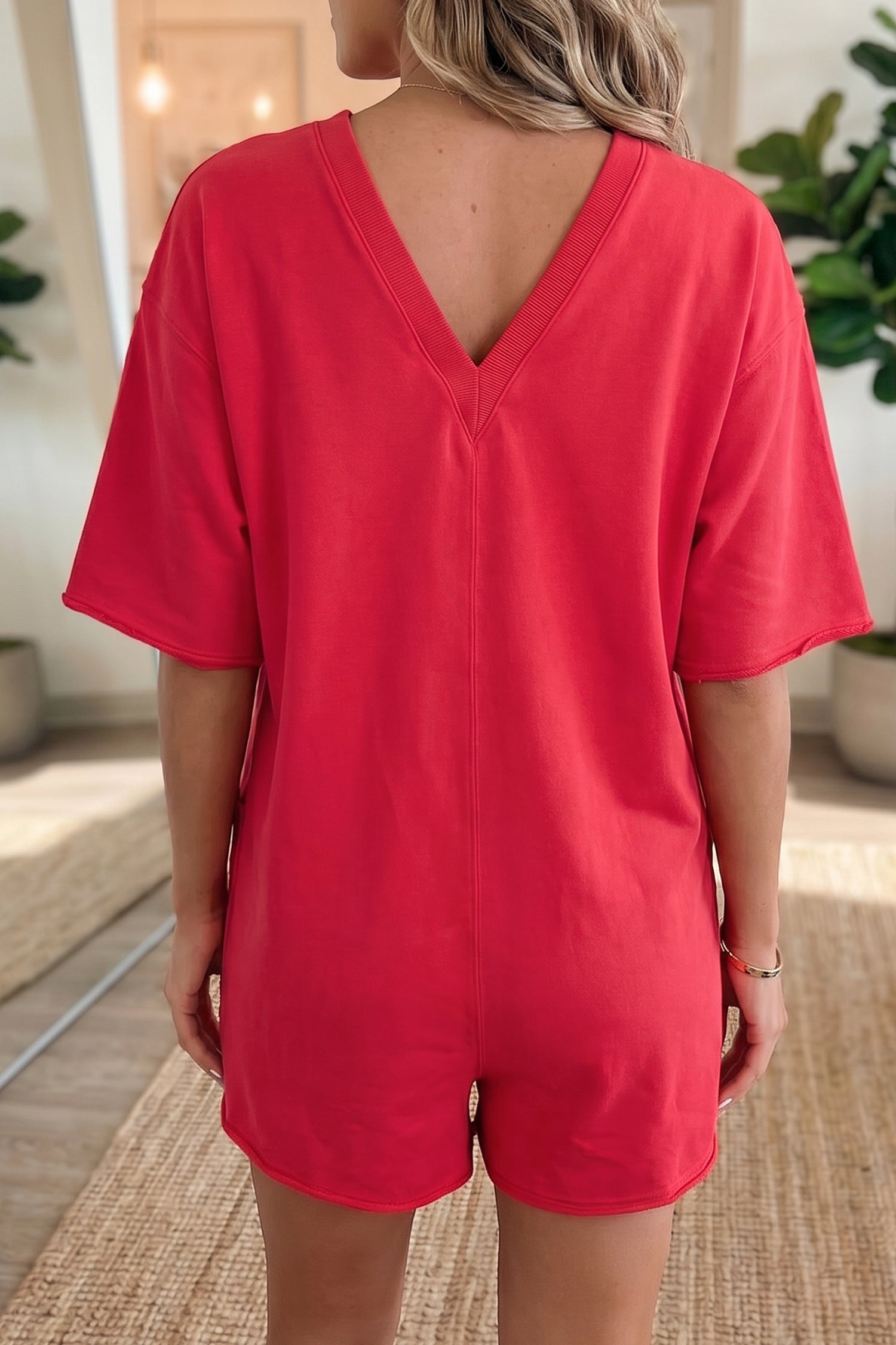 Pink Solid Color Raw Edge Half Sleeve Pocketed Loose Romper