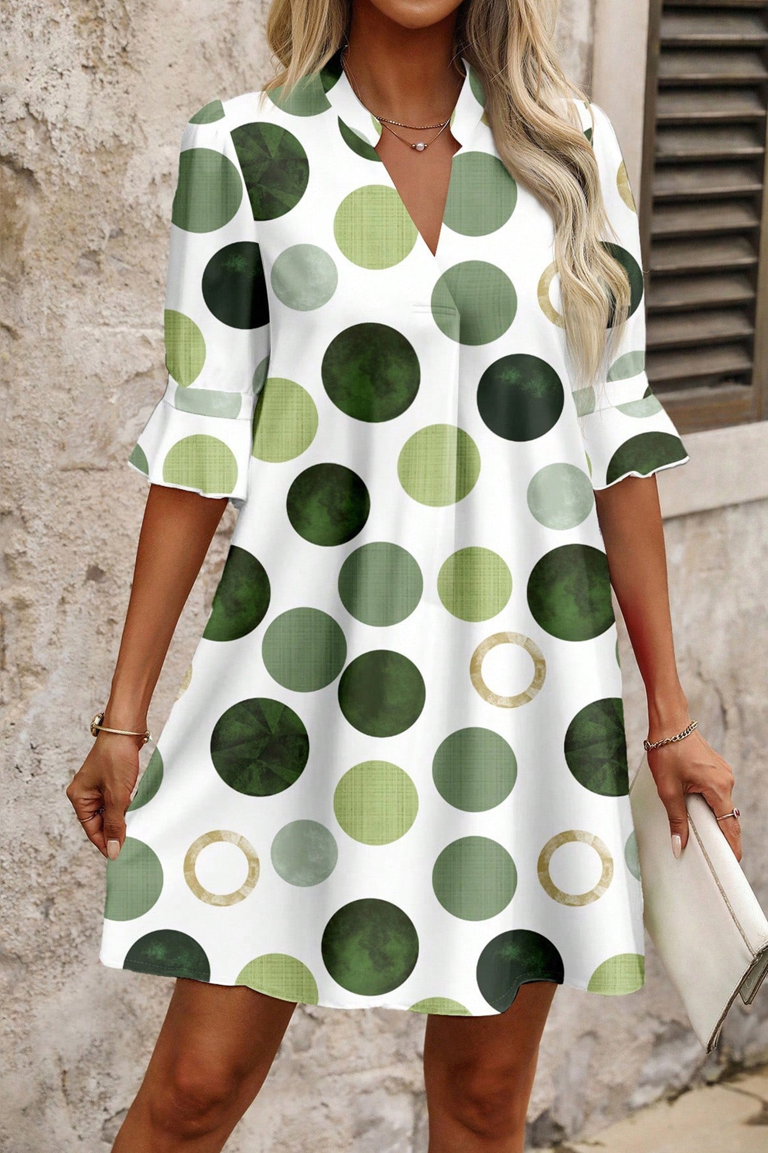 Green Polka Dot Print Flounced Half Sleeve Casual Vacation Style Mini Dress