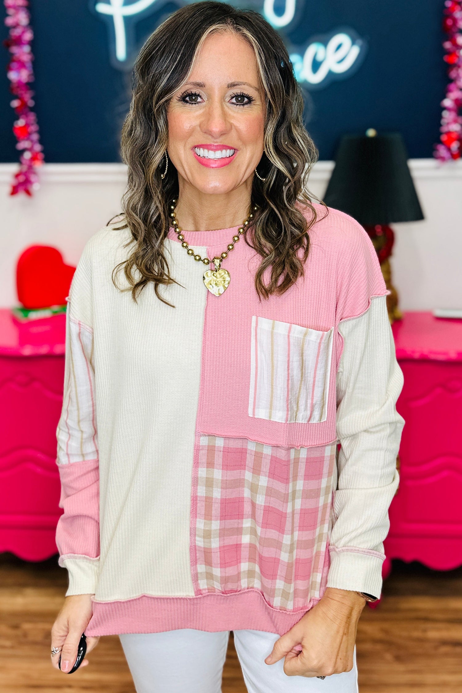 Pink Colorblock Plaid Panel Long Sleeve Plus Size Blouse