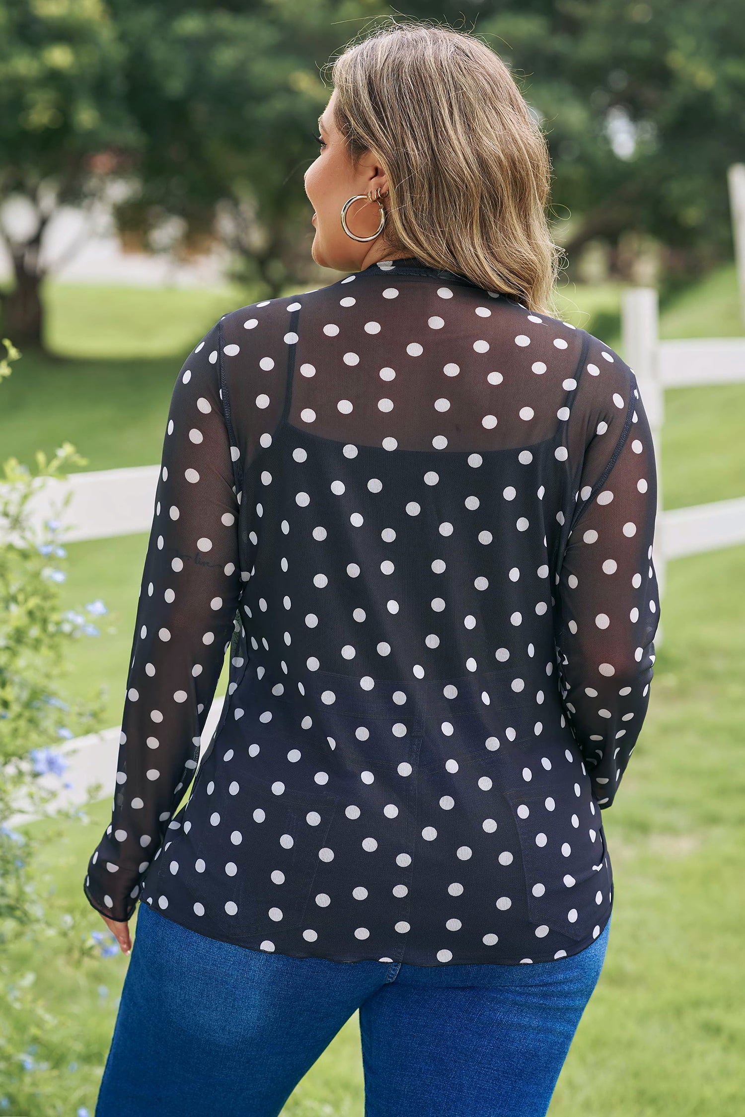 Black Plus Size Mock Neck Polka Dot Long Sleeve Mesh Top